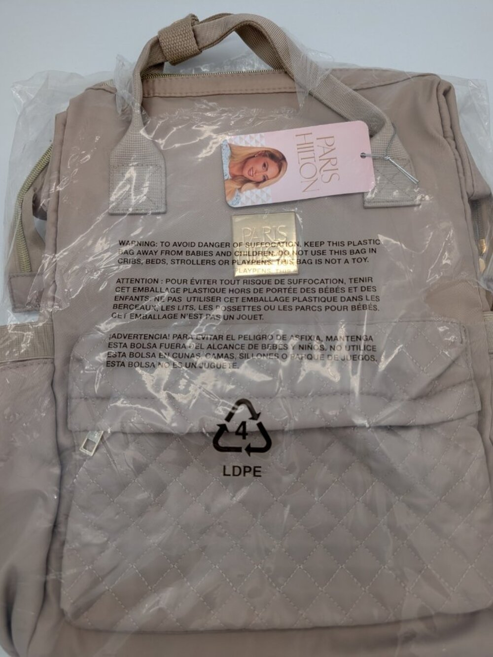 Paris Hilton Beige Quilted Backpack/ Laptop Bag Womens Double Handle Bag NWT - Picture 2 of 8
